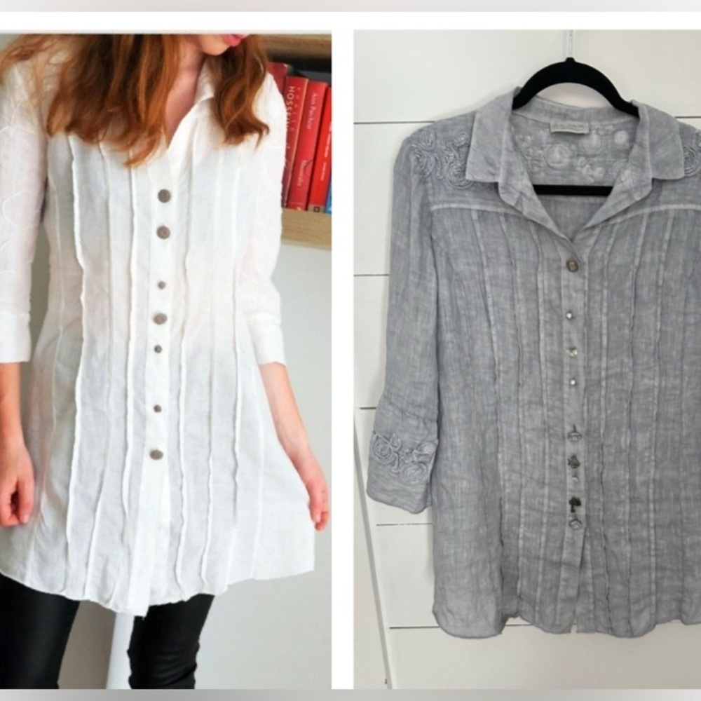 DANIELLA DALLAVELLE S Linen lagonlook coastal Artsy button embroidered blouse